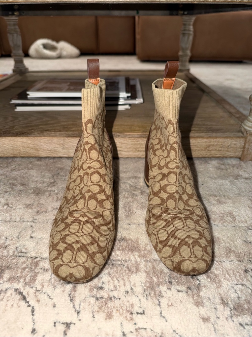 Coach Tan Signature Knit Sock Ankle Boots